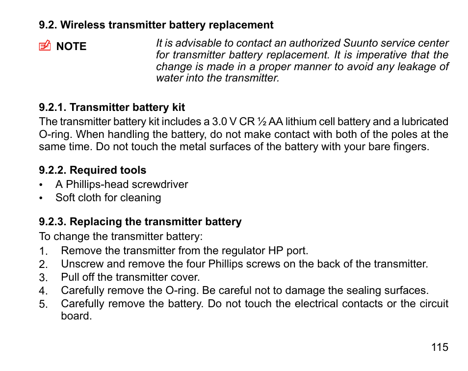 Wireless transmitter battery replacement, Transmitter battery kit, Required tools | Replacing the transmitter battery, 115 9.2.2. required tools, 115 9.2.3. replacing the transmitter battery | SUUNTO D9tx User Manual | Page 114 / 135