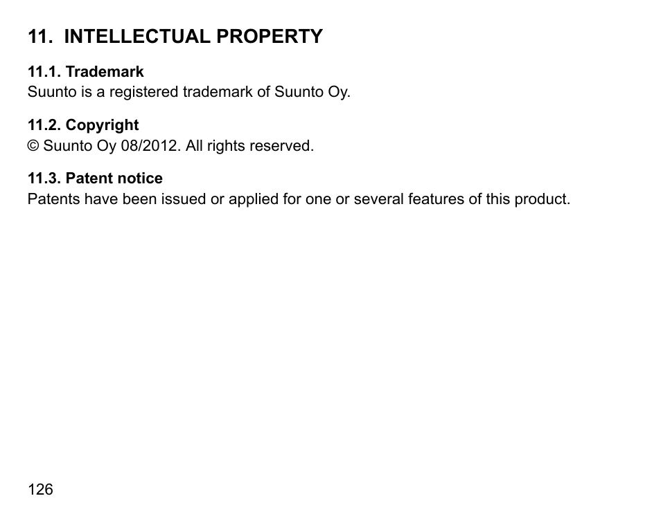 Intellectual property, Trademark, Copyright | Patent notice, 126 11.2. copyright, 126 11.3. patent notice | SUUNTO D9tx User Manual | Page 125 / 135