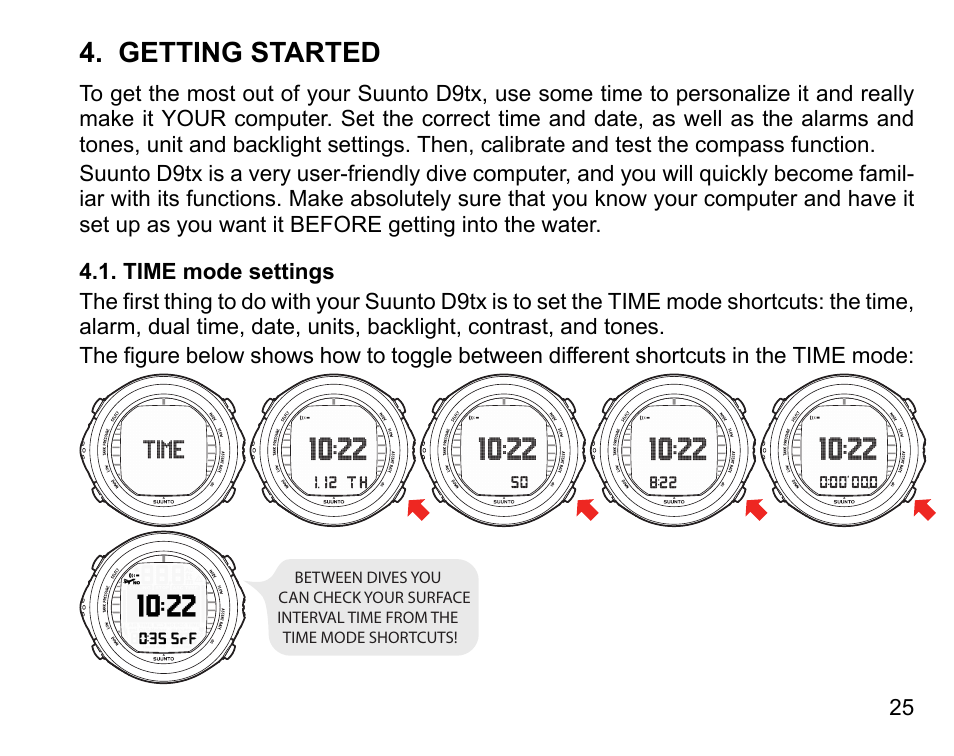 Getting started, Time mode settings | SUUNTO D9tx User Manual | Page 24 / 135