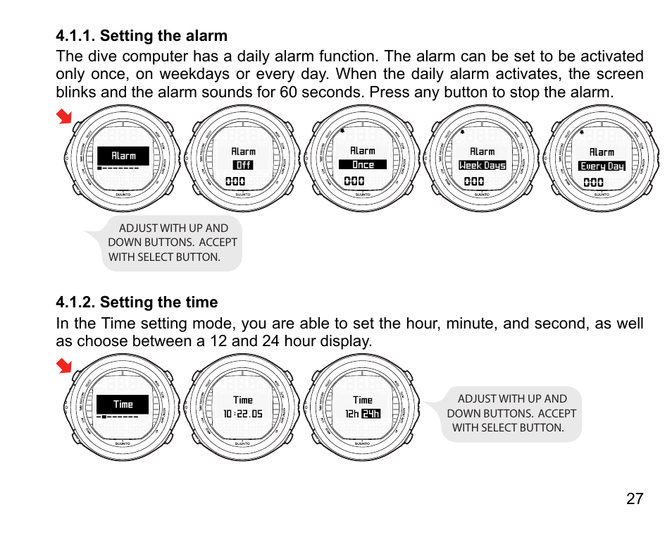 Setting the alarm, Setting the time, 27 4.1.2. setting the time | SUUNTO D9tx User Manual | Page 26 / 135