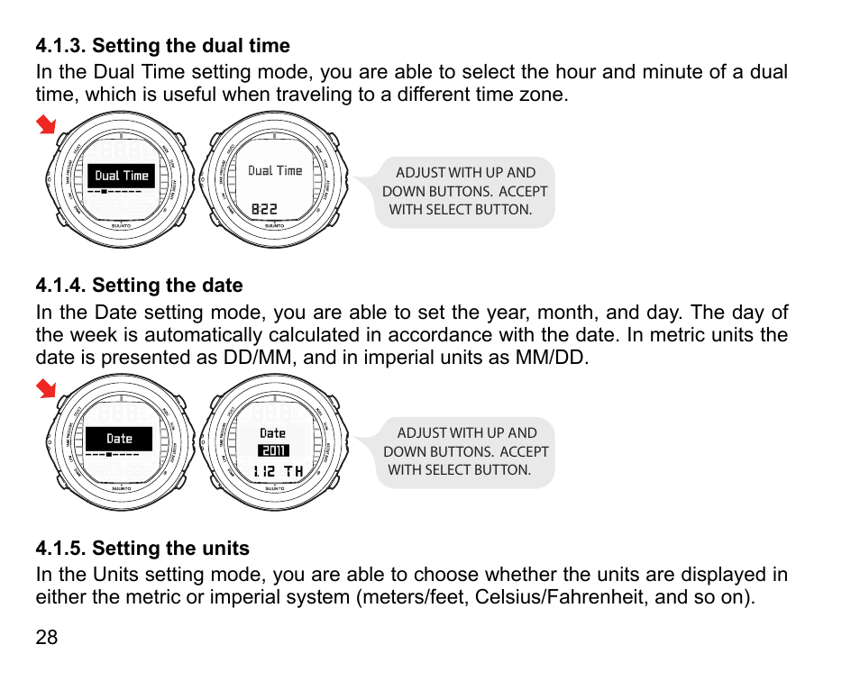 Setting the dual time, Setting the date, Setting the units | 28 4.1.4. setting the date, 28 4.1.5. setting the units | SUUNTO D9tx User Manual | Page 27 / 135