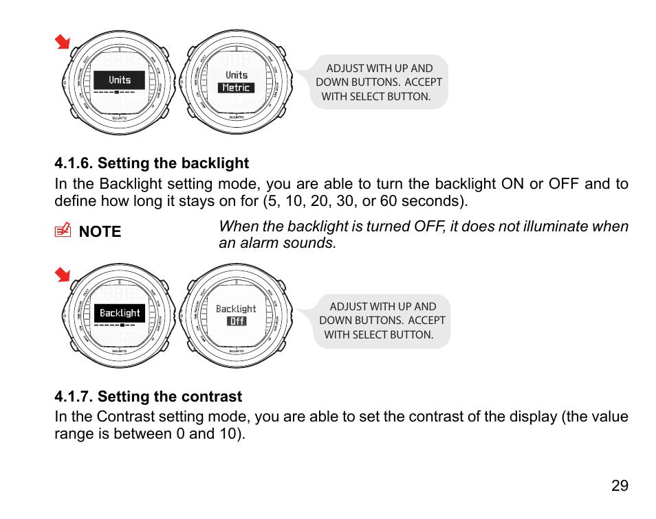 Setting the backlight, Setting the contrast, 29 4.1.7. setting the contrast | SUUNTO D9tx User Manual | Page 28 / 135