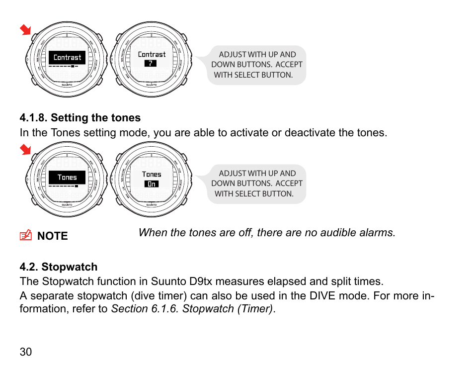 Setting the tones, Stopwatch | SUUNTO D9tx User Manual | Page 29 / 135