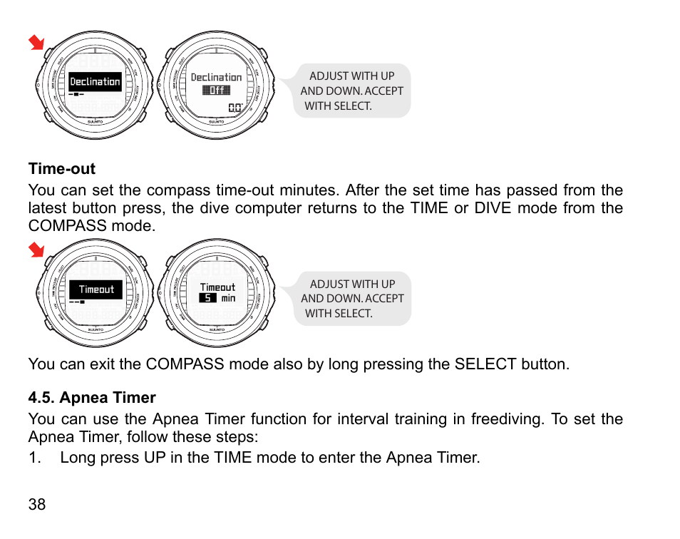 Time-out, Apnea timer | SUUNTO D9tx User Manual | Page 37 / 135