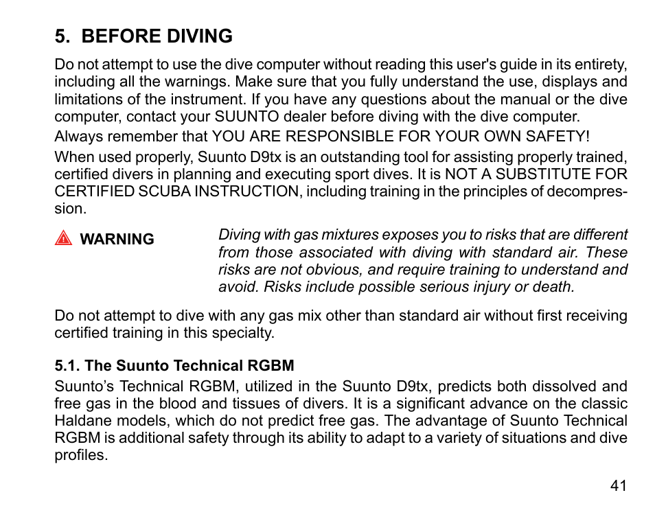 Before diving, The suunto technical rgbm | SUUNTO D9tx User Manual | Page 40 / 135