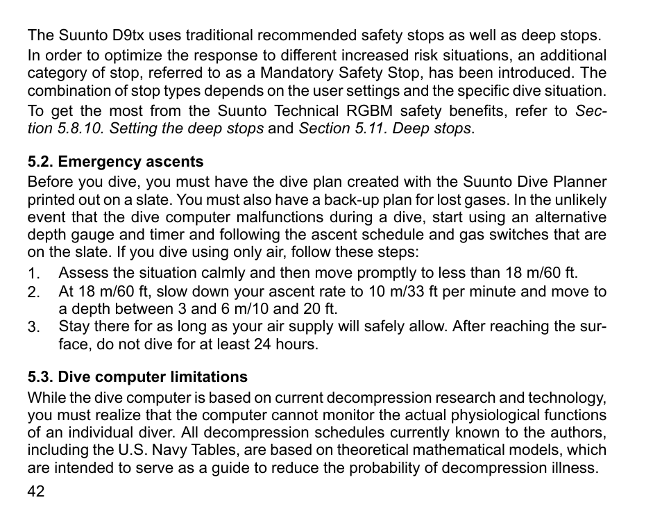 Emergency ascents, Dive computer limitations, 42 5.3. dive computer limitations | SUUNTO D9tx User Manual | Page 41 / 135