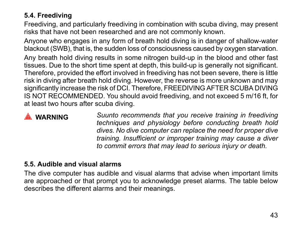 Freediving, Audible and visual alarms, 43 5.5. audible and visual alarms | SUUNTO D9tx User Manual | Page 42 / 135