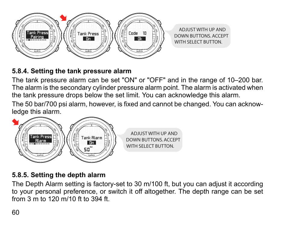 Setting the tank pressure alarm, Setting the depth alarm, 60 5.8.5. setting the depth alarm | SUUNTO D9tx User Manual | Page 59 / 135