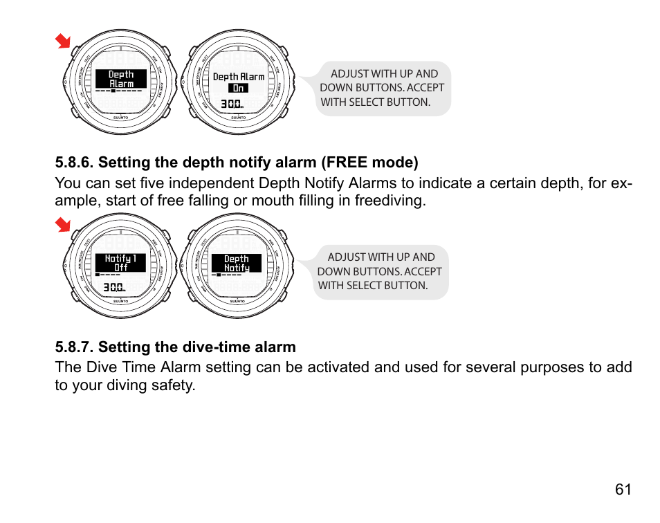 Setting the depth notify alarm (free mode), Setting the dive-time alarm, 61 5.8.7. setting the dive-time alarm | SUUNTO D9tx User Manual | Page 60 / 135