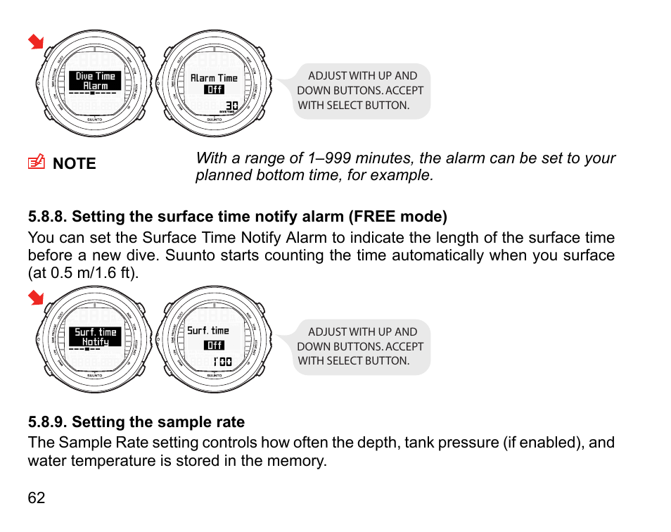 Setting the surface time notify alarm (free mode), Setting the sample rate, 62 5.8.9. setting the sample rate | SUUNTO D9tx User Manual | Page 61 / 135