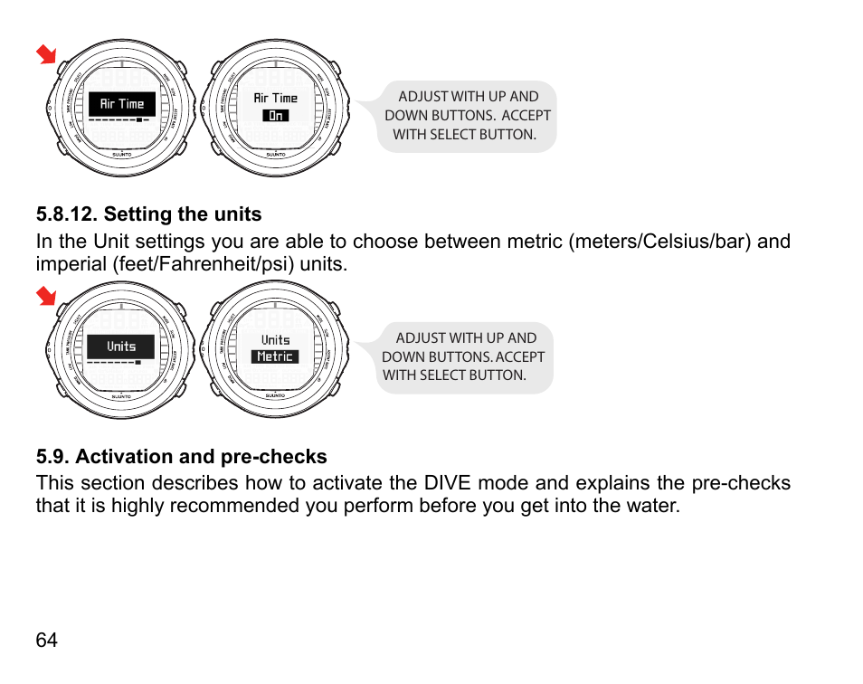 Setting the units, Activation and pre-checks | SUUNTO D9tx User Manual | Page 63 / 135