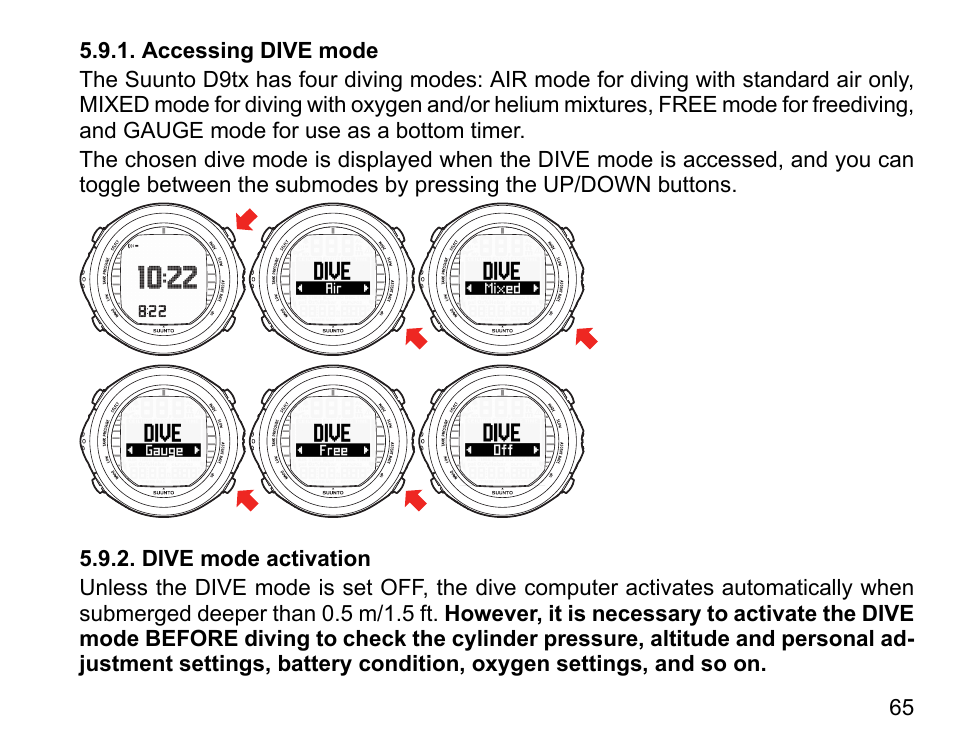 Accessing dive mode, Dive mode activation | SUUNTO D9tx User Manual | Page 64 / 135