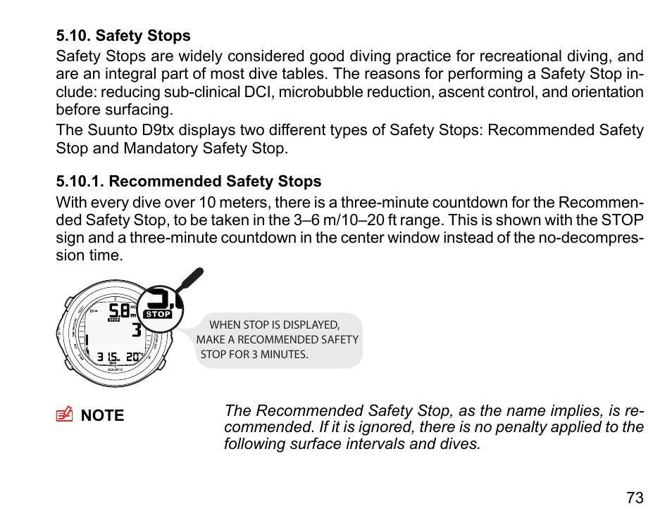 Safety stops, Recommended safety stops | SUUNTO D9tx User Manual | Page 72 / 135