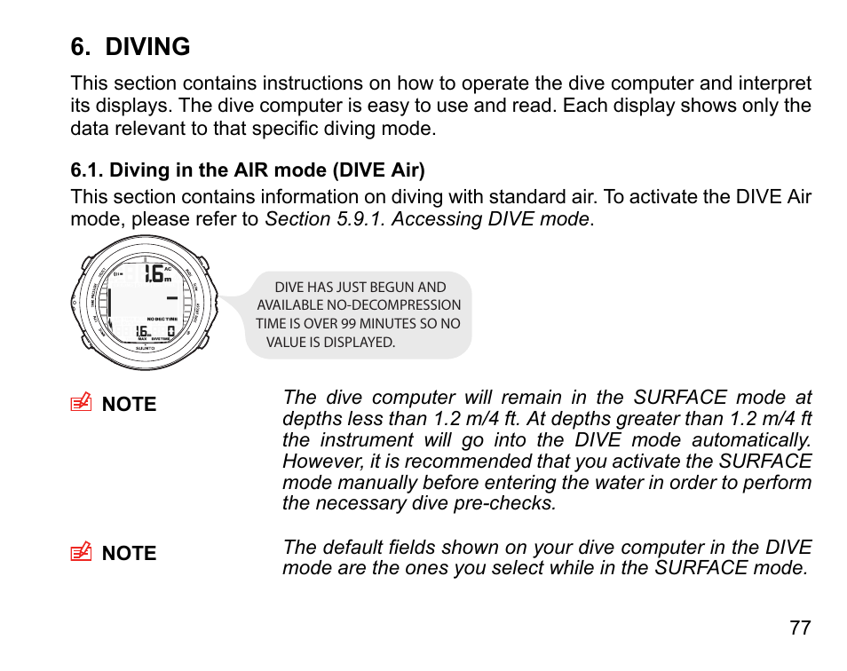 Diving, Diving in the air mode (dive air) | SUUNTO D9tx User Manual | Page 76 / 135