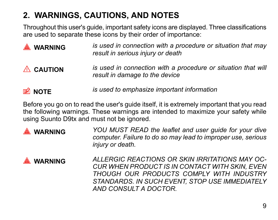Warnings, cautions, and notes | SUUNTO D9tx User Manual | Page 8 / 135