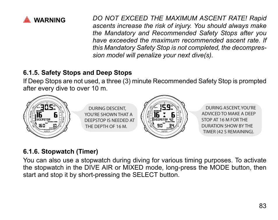Safety stops and deep stops, Stopwatch (timer), 83 6.1.6. stopwatch (timer) | SUUNTO D9tx User Manual | Page 82 / 135