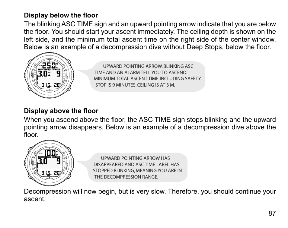 Display below the floor, Display above the floor | SUUNTO D9tx User Manual | Page 86 / 135