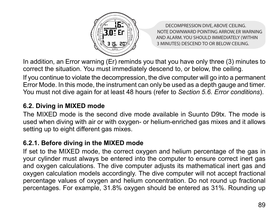 Diving in mixed mode, Before diving in the mixed mode | SUUNTO D9tx User Manual | Page 88 / 135