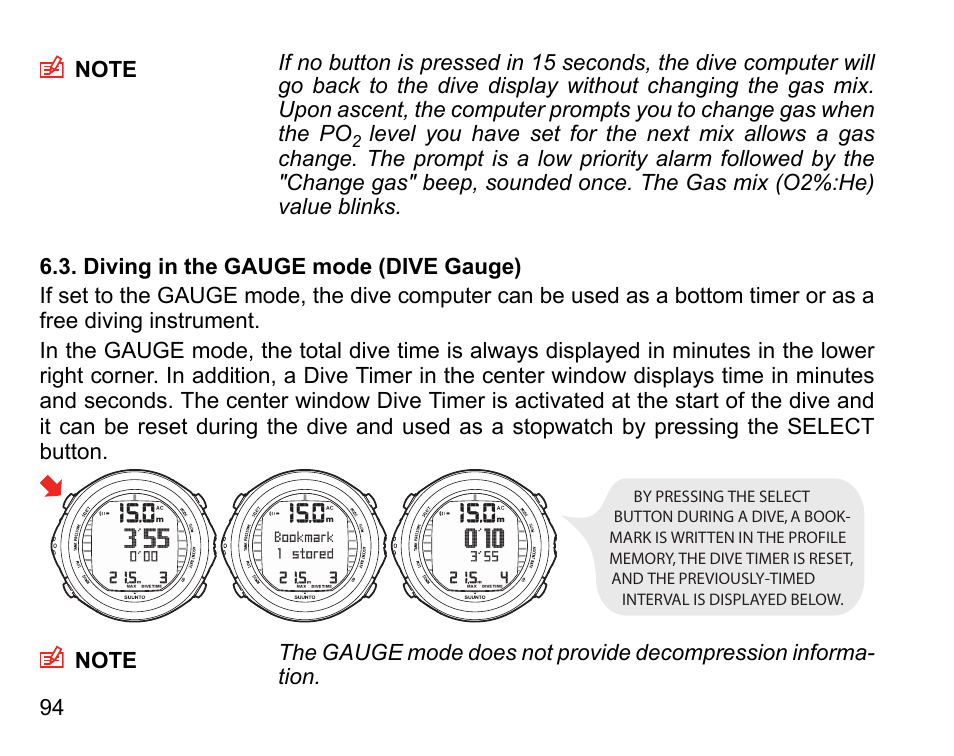 Diving in the gauge mode (dive gauge), Diving in the free mode (dive free), 95 6.4. diving in the free mode (dive free) | SUUNTO D9tx User Manual | Page 93 / 135