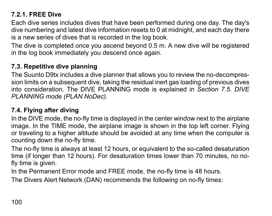 Free dive, Repetitive dive planning, Flying after diving | 100 7.4. flying after diving | SUUNTO D9tx User Manual | Page 99 / 135