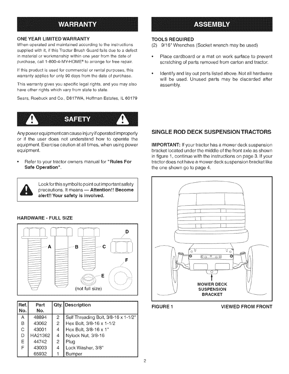 Hardware - full size, Warranty assembly | Craftsman 486.245993 User Manual | Page 2 / 8