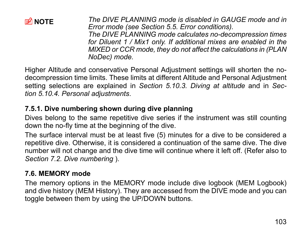 Dive numbering shown during dive planning, Memory mode | SUUNTO DX User Manual | Page 102 / 134