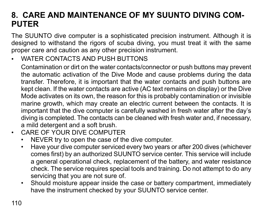 Care and maintenance of my suunto diving computer | SUUNTO DX User Manual | Page 109 / 134