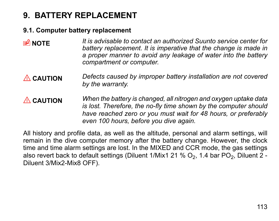 Battery replacement, Computer battery replacement | SUUNTO DX User Manual | Page 112 / 134