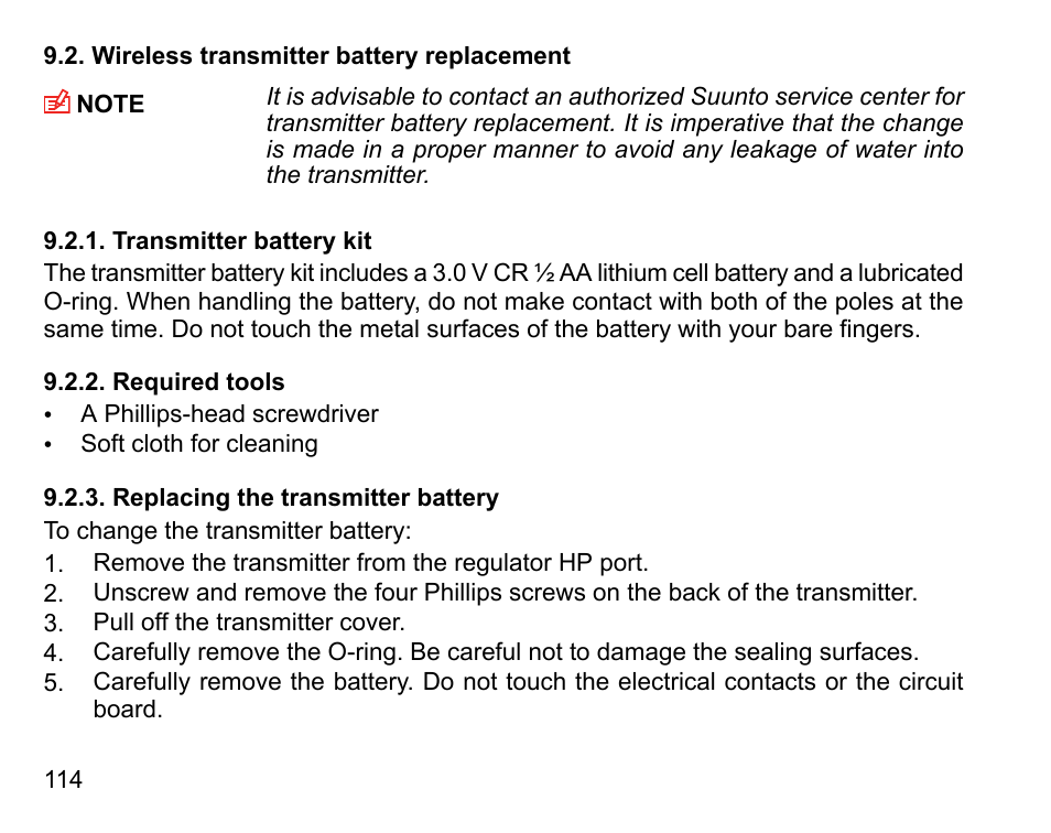 Wireless transmitter battery replacement, Transmitter battery kit, Required tools | Replacing the transmitter battery, 114 9.2.2. required tools, 114 9.2.3. replacing the transmitter battery | SUUNTO DX User Manual | Page 113 / 134