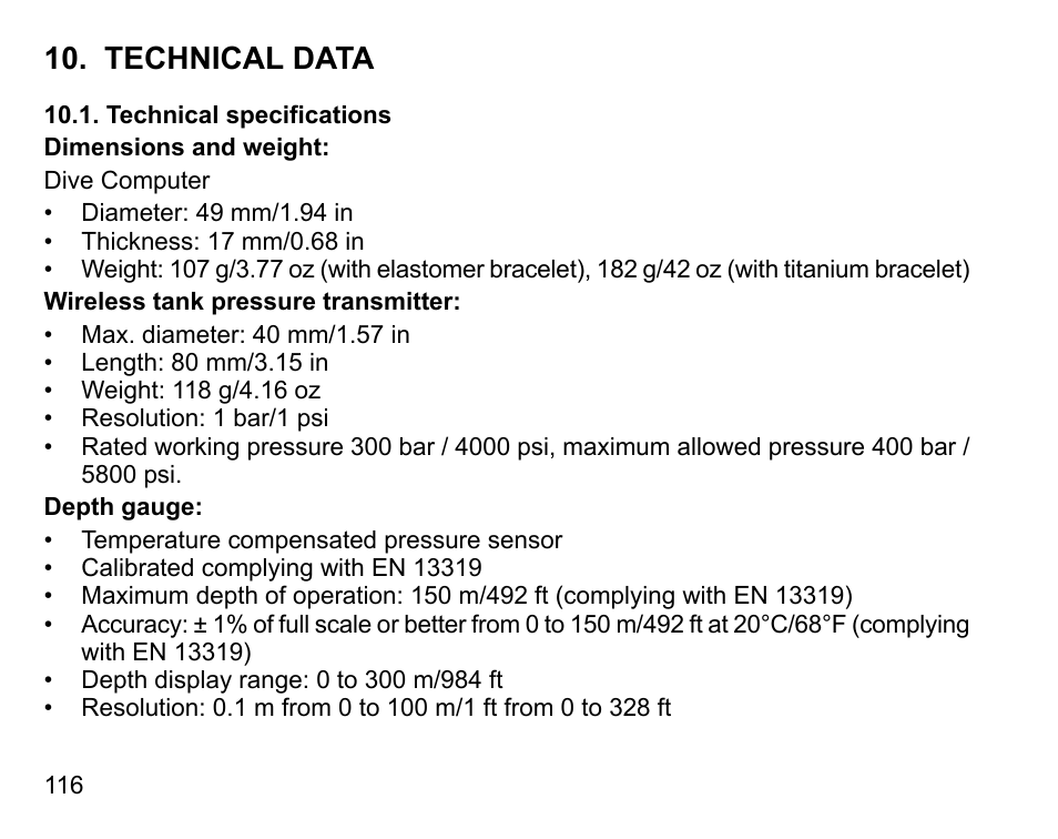 Technical data, Technical specifications | SUUNTO DX User Manual | Page 115 / 134