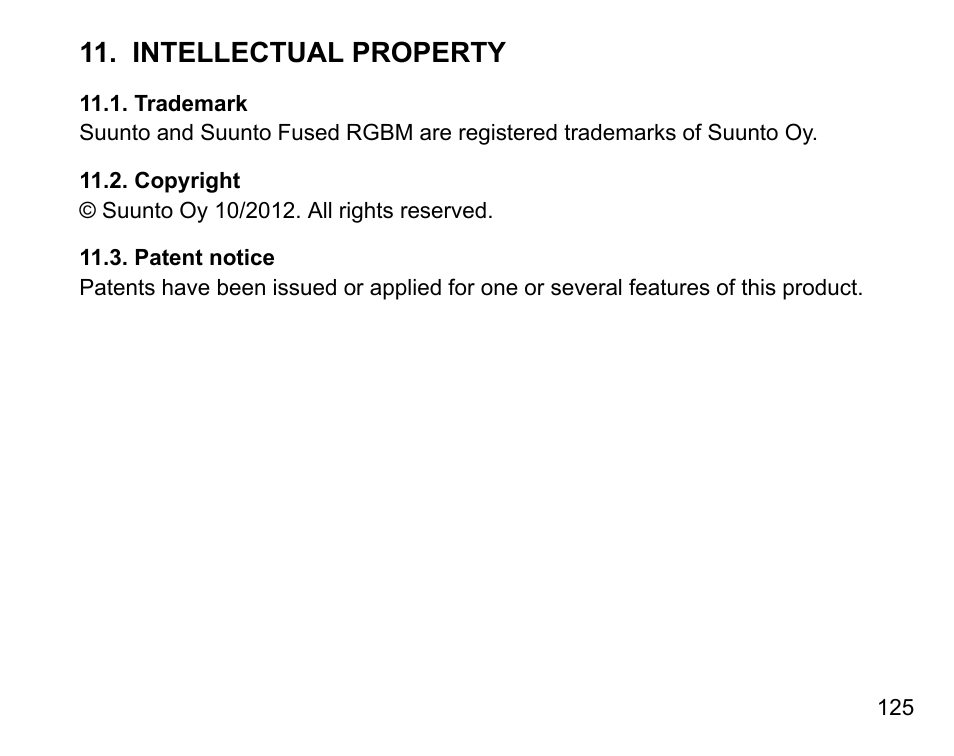 Intellectual property, Trademark, Copyright | Patent notice, 125 11.2. copyright, 125 11.3. patent notice | SUUNTO DX User Manual | Page 124 / 134