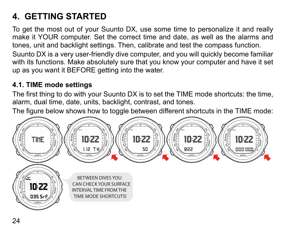 Getting started, Time mode settings | SUUNTO DX User Manual | Page 23 / 134