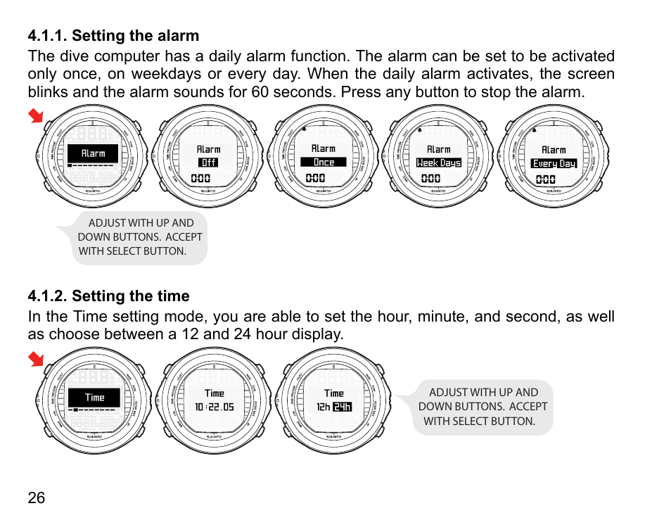 Setting the alarm, Setting the time, 26 4.1.2. setting the time | SUUNTO DX User Manual | Page 25 / 134