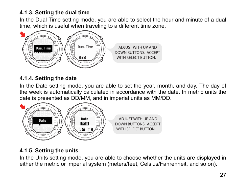 Setting the dual time, Setting the date, Setting the units | 27 4.1.4. setting the date, 27 4.1.5. setting the units | SUUNTO DX User Manual | Page 26 / 134