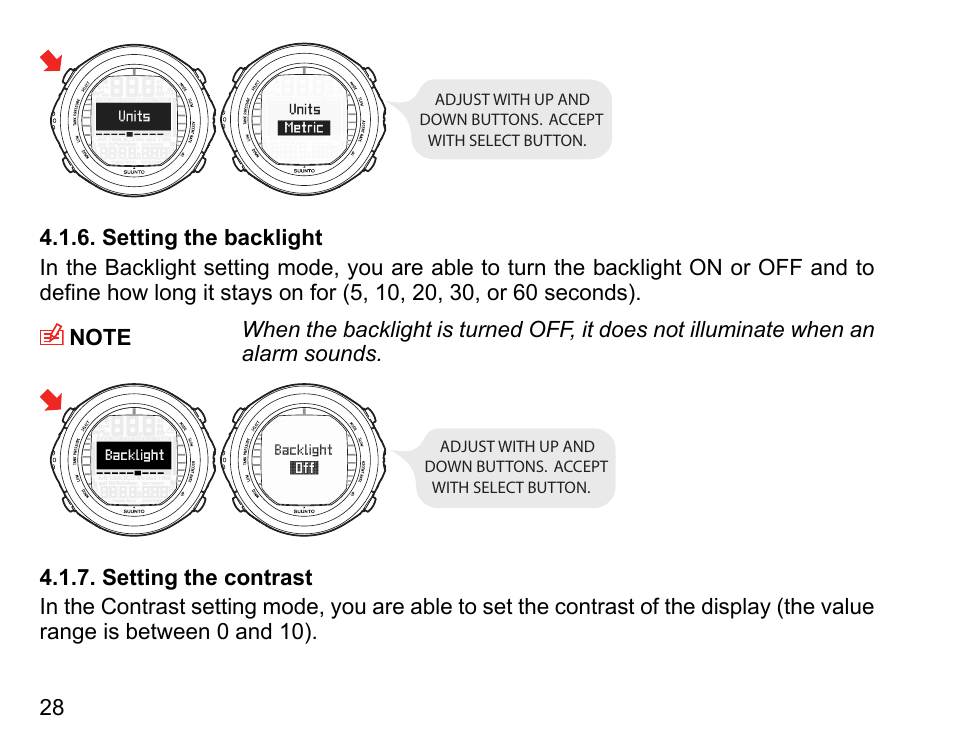 Setting the backlight, Setting the contrast, 28 4.1.7. setting the contrast | SUUNTO DX User Manual | Page 27 / 134