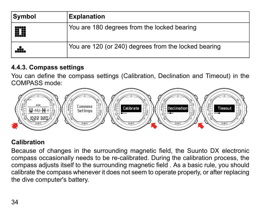 Compass settings, Calibration | SUUNTO DX User Manual | Page 33 / 134