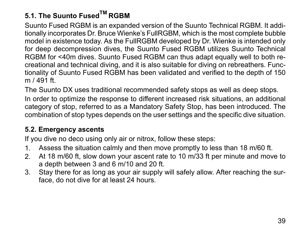 The suunto fusedtm rgbm, Emergency ascents, The suunto fused | Rgbm | SUUNTO DX User Manual | Page 38 / 134