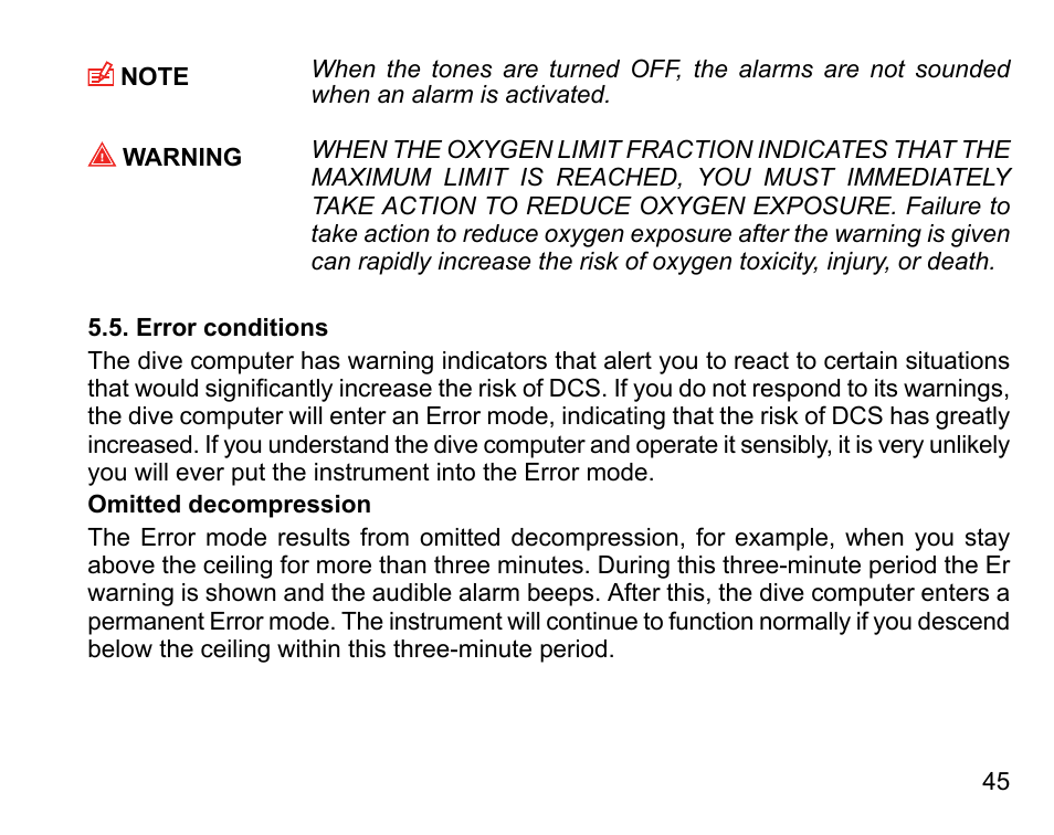 Error conditions | SUUNTO DX User Manual | Page 44 / 134