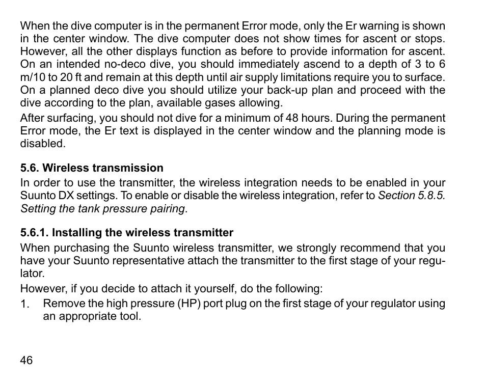 Wireless transmission, Installing the wireless transmitter | SUUNTO DX User Manual | Page 45 / 134