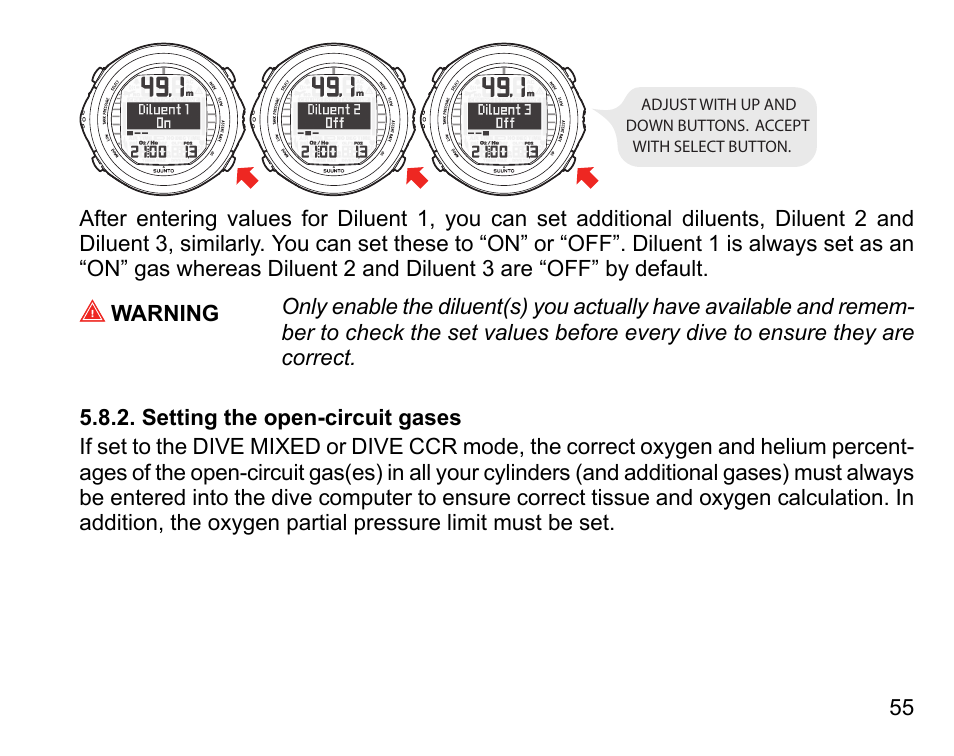 Setting the open-circuit gases | SUUNTO DX User Manual | Page 54 / 134