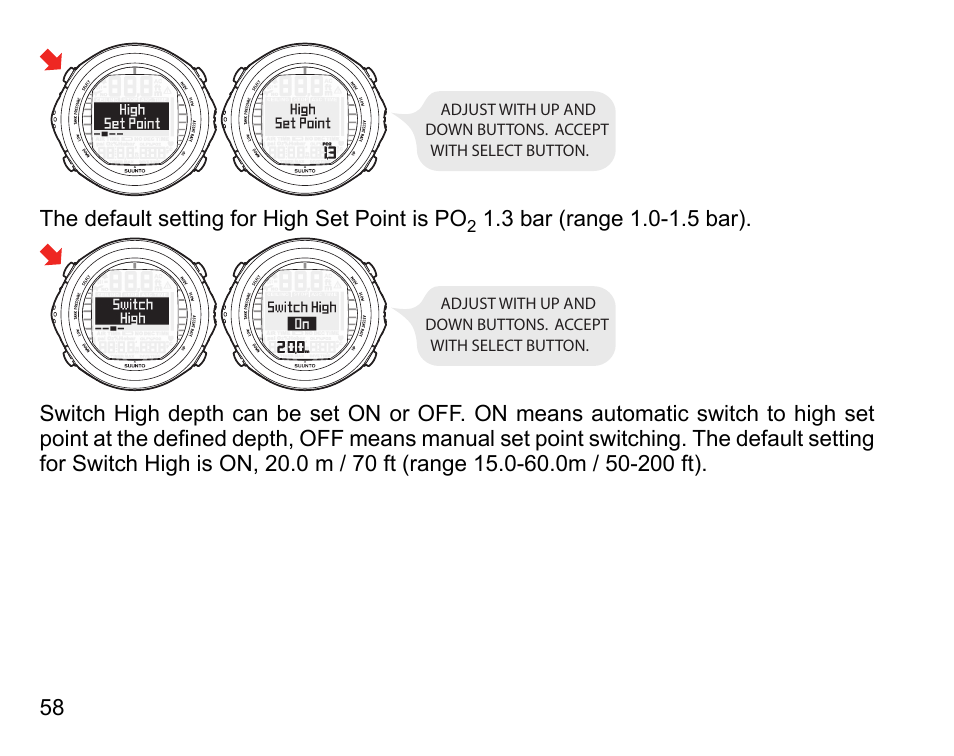 The default setting for high set point is po | SUUNTO DX User Manual | Page 57 / 134