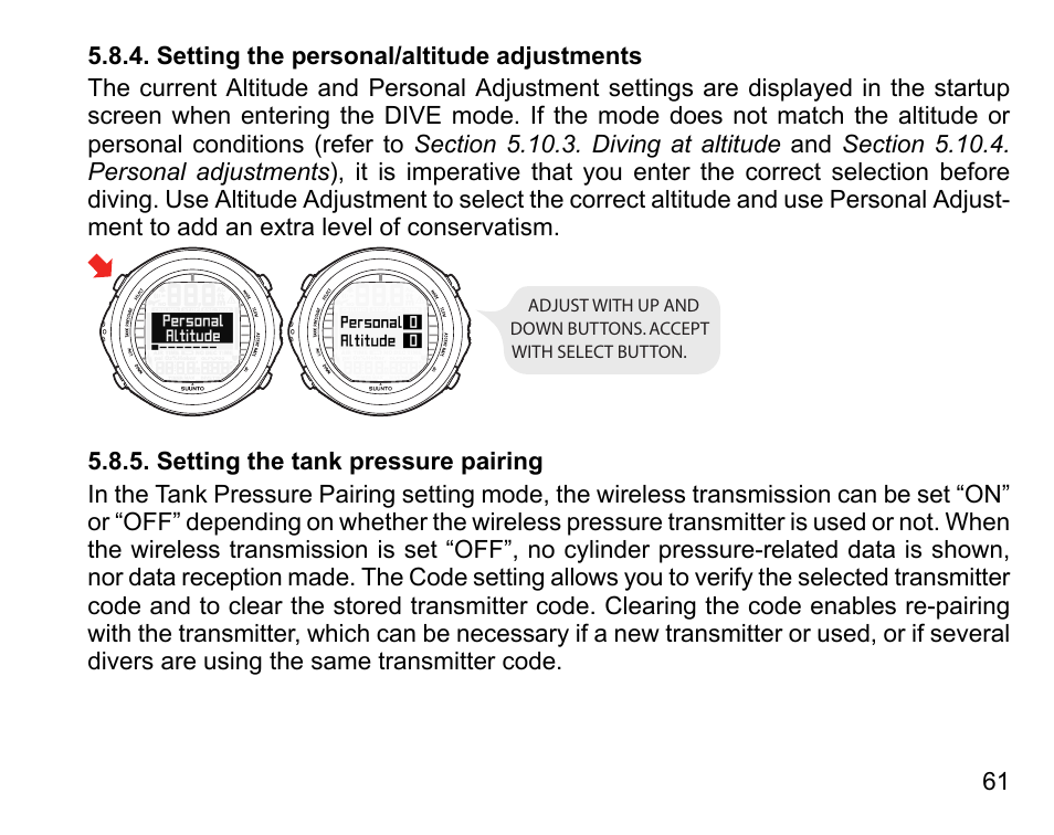 Setting the personal/altitude adjustments, Setting the tank pressure pairing, 61 5.8.5. setting the tank pressure pairing | SUUNTO DX User Manual | Page 60 / 134