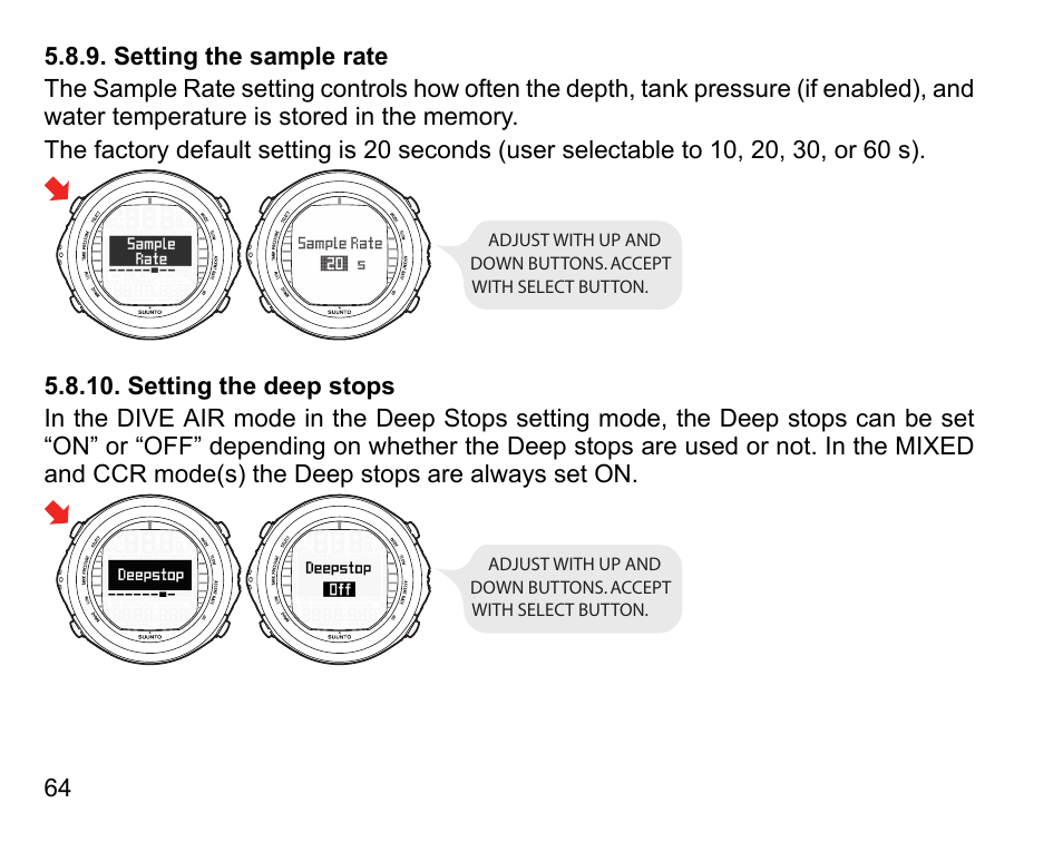 Setting the sample rate, Setting the deep stops, 64 5.8.10. setting the deep stops | SUUNTO DX User Manual | Page 63 / 134