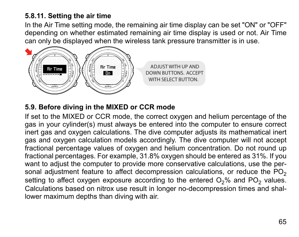 Setting the air time, Before diving in the mixed or ccr mode | SUUNTO DX User Manual | Page 64 / 134