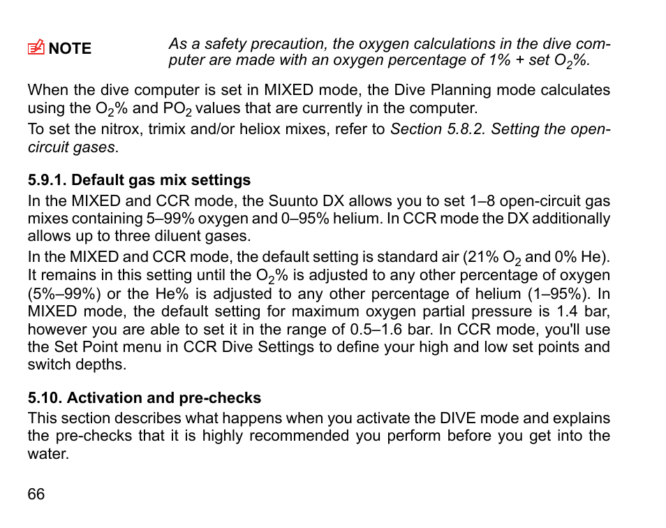 Default gas mix settings, Activation and pre-checks | SUUNTO DX User Manual | Page 65 / 134