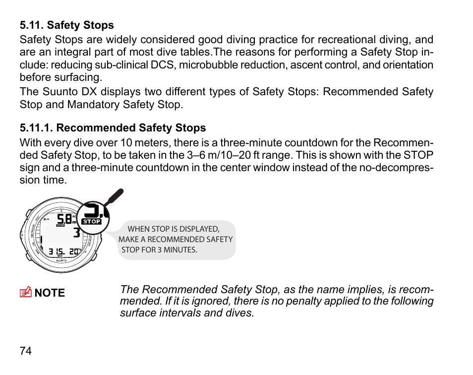 Safety stops, Recommended safety stops | SUUNTO DX User Manual | Page 73 / 134