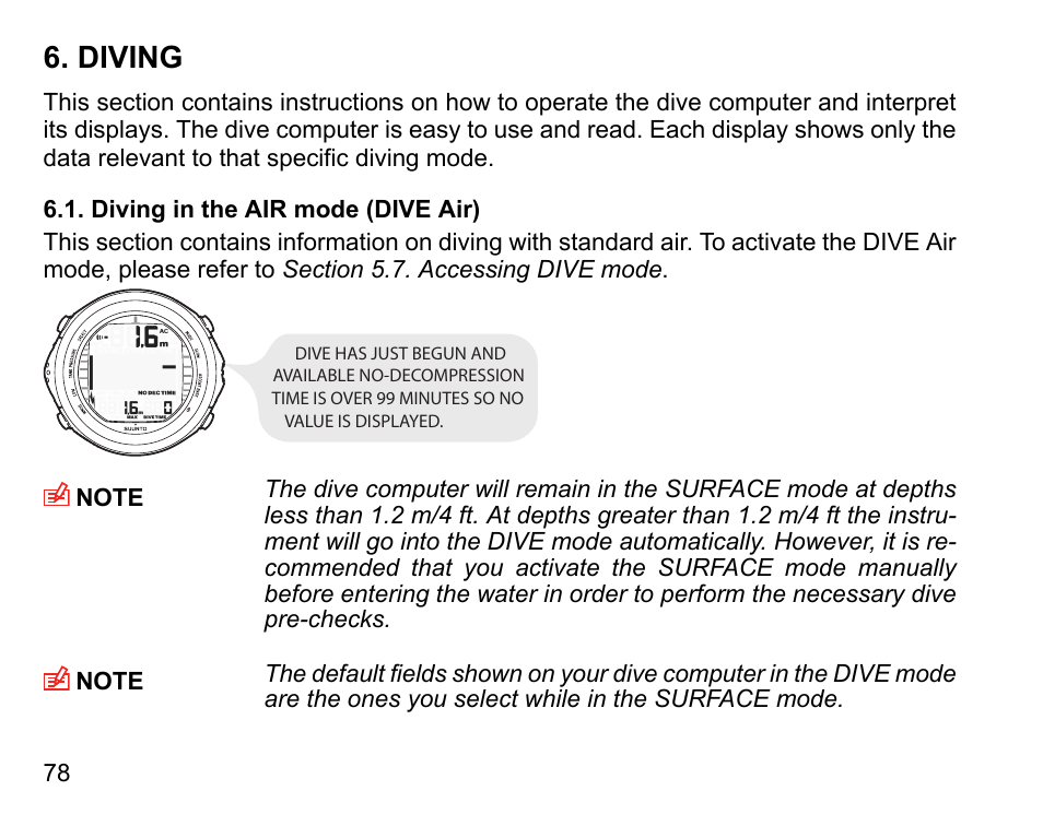 Diving, Diving in the air mode (dive air) | SUUNTO DX User Manual | Page 77 / 134