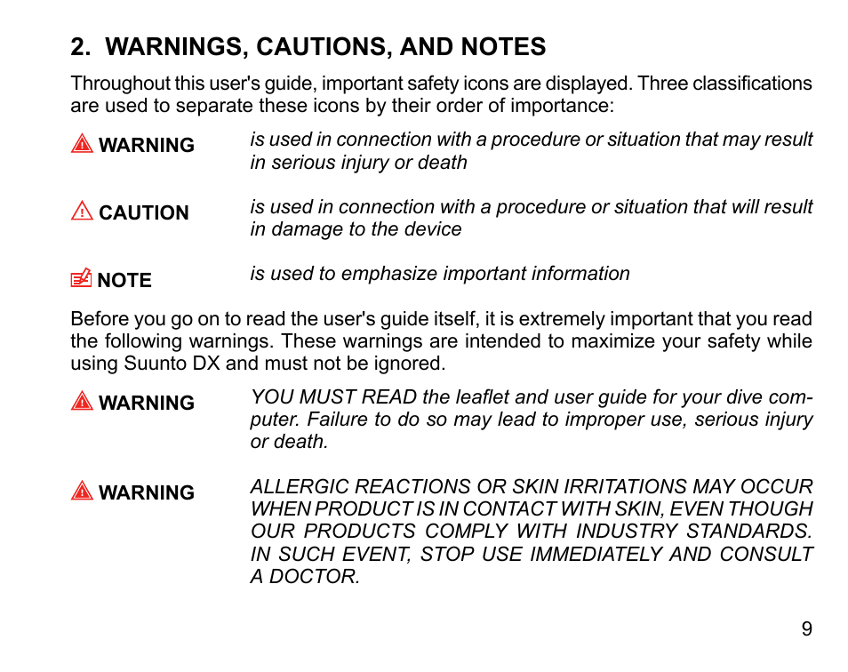 Warnings, cautions, and notes | SUUNTO DX User Manual | Page 8 / 134