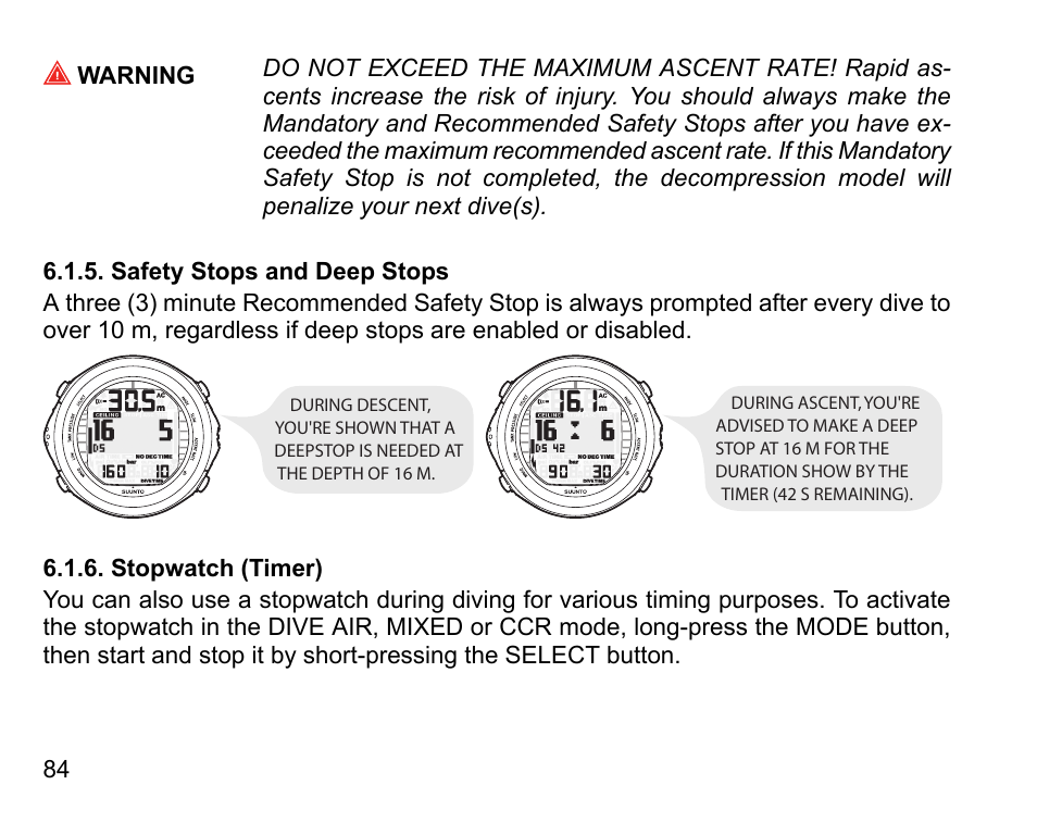 Safety stops and deep stops, Stopwatch (timer), 84 6.1.6. stopwatch (timer) | SUUNTO DX User Manual | Page 83 / 134