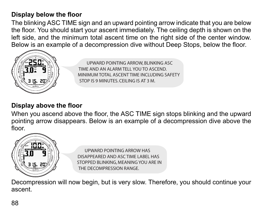 Display below the floor, Display above the floor | SUUNTO DX User Manual | Page 87 / 134